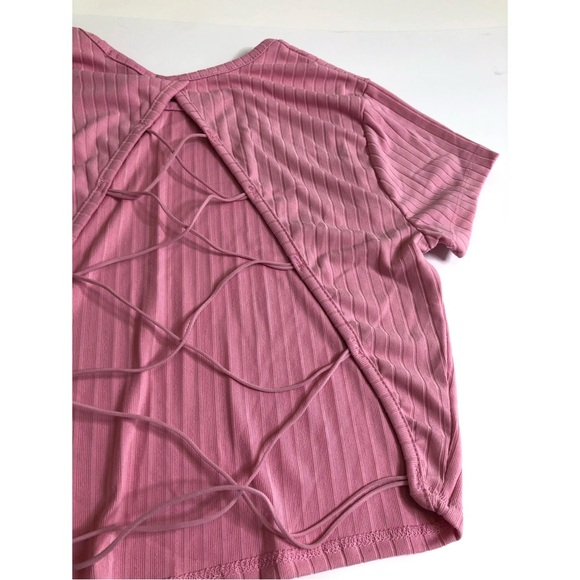 Rose Pink Short Sleeve Open Lace Up Back Top - Picture 5 of 5